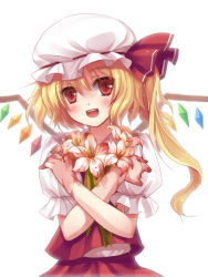 Rule 34 | 1girl, blonde hair, blood, fangs, female focus, flandre scarlet, flower, hat, hugging object, open mouth, ponytail, red eyes, rie (reverie), short hair, short hair with long locks, side ponytail, simple background, slit pupils, smile, solo, touhou, upper body, wings