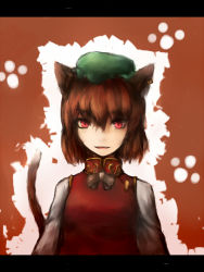 Rule 34 | 1girl, animal ears, brown hair, cat ears, cat girl, cat tail, chen, earrings, fang, female focus, hat, hata, jewelry, letterboxed, masa (neku), red eyes, short hair, solo, tail, touhou