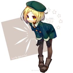Rule 34 | 1girl, beret, blonde hair, blush, boots, fate/grand order, fate (series), gloves, hat, overalls, pantyhose, paul bunyan (fate), short hair, smile, solo, ume (pickled plum), yellow eyes