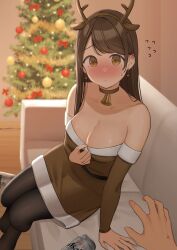 Rule 34 | 1boy, 1girl, animal ears, antlers, arm support, asahi breweries, backlighting, bare shoulders, beer can, bell, black hair, black pantyhose, blush, bow, breasts, brown choker, brown dress, brown eyes, can, choker, christmas, christmas ornaments, christmas tree, cleavage, commentary request, couch, deer ears, detached sleeves, dress, drink can, drunk, earrings, fake animal ears, fake antlers, flying sweatdrops, full-face blush, hetero, highres, horns, indoors, jewelry, large breasts, long hair, looking at viewer, neck bell, ol-chan (ol mahonanoka), ol mahonanoka, original, pantyhose, pulling own clothes, red bow, reindeer antlers, sitting, solo focus, strapless, strapless dress