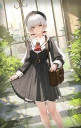 Rule 34 | 1girl, bag, bare legs, belt, belt buckle, beret, black dress, black hat, blush, brown eyes, buckle, closed mouth, collarbone, copyright request, day, dress, elf, feet out of frame, fly tutu, gate, handbag, hat, highres, long hair, long sleeves, low twintails, outdoors, pointy ears, red neckwear, shoulder bag, silver hair, skirt hold, smile, solo, stairs, standing, twintails