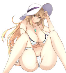 Rule 34 | 1girl, absurdres, adjusting hair, arm support, bikini, blonde hair, breasts, cameltoe, chest jewel, cleavage, collarbone, hair between eyes, hand up, hat, highres, large breasts, long hair, looking at viewer, m legs, mythra (xenoblade), navel, sitting, solo, spread legs, string bikini, sun hat, swept bangs, swimsuit, thigh strap, white background, white bikini, white hat, xenoblade chronicles (series), xenoblade chronicles 2, yellow eyes, zone25388591