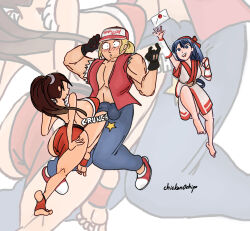 Rule 34 | 1boy, 2girls, ainu clothes, arm up, ass, ball busting, blonde hair, blue eyes, blue hair, bottomless, breasts, brown hair, crotch kick, denim, fatal fury, femdom, fingerless gloves, gloves, hair ribbon, highres, huge breasts, japanese clothes, jeans, kicking, large breasts, legs, multiple girls, nakoruru, nintendo, open mouth, pants, ponytail, ribbon, samurai spirits, shiranui mai, sideboob, sitting, smile, snk, super smash bros., surprised, terry bogard, the king of fighters, thick thighs, thighs