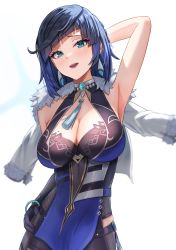 Rule 34 | 1girl, :d, armpits, blue hair, bob cut, breasts, choker, cleavage, desire (tbot7), diagonal bangs, dice, earrings, fur-trimmed jacket, fur trim, genshin impact, green eyes, hand on own hip, highres, jacket, jacket on shoulders, jewelry, large breasts, looking at viewer, mole, mole on breast, open mouth, pelvic curtain, purple lips, raised eyebrows, short hair, simple background, smile, solo, tassel, upper body, vision (genshin impact), white background, white jacket, yelan (genshin impact)