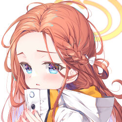 Rule 34 | 1girl, blue archive, blue eyes, blush, bow, braid, bucchake (asami), forehead, hair bow, halo, jacket, long hair, open mouth, portrait, red hair, simple background, solo, white background, white bow, white jacket, yellow halo, yuzu (blue archive)