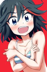 Rule 34 | 1girl, armpits, artist request, barefoot, black hair, blue eyes, blush, bra, breasts, cleavage, collarbone, covering privates, embarrassed, eyelashes, feet, female focus, fingernails, hair between eyes, highres, kill la kill, legs, looking at viewer, matoi ryuuko, medium breasts, medium hair, midriff, multicolored hair, navel, neck, official alternate costume, official underwear, open mouth, panties, red background, red streak, shiny clothes, shiny skin, simple background, source request, spiked hair, standing, streaked hair, striped bra, striped clothes, striped panties, thighs, toenails, toes, trigger (company), tsundere, underwear, underwear only, unworn clothes