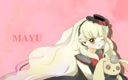 Rule 34 | 1girl, bad id, bad pixiv id, blonde hair, character name, hat, highres, long hair, mayu (vocaloid), one eye closed, pink background, riajyuuninarouze, solo, stuffed animal, stuffed rabbit, stuffed toy, usano mimi, vocaloid, wink, yellow eyes