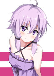 Rule 34 | 1girl, ahoge, bare arms, bare shoulders, blush, breasts, closed mouth, collarbone, commentary request, criss-cross halter, dress, hair between eyes, halterneck, head tilt, kohakope, long hair, looking at viewer, pink hair, purple dress, purple eyes, small breasts, solo, upper body, vocaloid, voiceroid, yuzuki yukari
