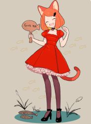 Rule 34 | 1girl, animal ears, bell, cat ears, cat tail, collar, dress, closed eyes, fish, fish hair ornament, frills, full body, grey background, hair ornament, hairclip, l hakase, neck bell, orange hair, pantyhose, paw pose, personification, petticoat, post neko, puffy short sleeves, puffy sleeves, red dress, red hair, short sleeves, sign, signature, simple background, smile, solo, tail, valentine post