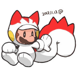 Rule 34 | 1boy, animal costume, animal ears, animal hood, big nose, black eyes, brown hair, clenched hand, commentary request, cosplay, creatures (company), dated, facial hair, fake tail, full body, game freak, gen 4 pokemon, ghost-pepper, gloves, hood, lowres, male focus, mario, mario (series), mustache, nintendo, outstretched arm, pachirisu, pachirisu (cosplay), paw pose, pokemon, short hair, signature, simple background, solid oval eyes, solo, squirrel ears, squirrel tail, tail, white background, white gloves, white hood