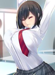 Rule 34 | 1girl, arms up, black hair, bra, bra visible through clothes, breasts, closed mouth, eyelashes, closed eyes, frown, highres, large breasts, necktie, original, pleated skirt, school uniform, see-through, shiki (psychedelic g2), shirt, shirt tucked in, short hair, skirt, solo, underwear, white shirt