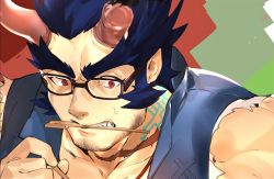 1boy, bara, bare shoulders, barefoot, beard, black-framed eyewear, broken horn, chopsticks, close-up, dark blue hair, demon boy, demon horns, face, facial hair, fiery horns, glasses, horns, jewelry, kaiko 003f, large pectorals, long sideburns, looking to the side, male cleavage, male focus, mature male, muscular, muscular male, necklace, red eyes, scar on neck, shirt, short hair, sideburns, sleeveless, stubble, sweatdrop, takemaru (tokyo houkago summoners), thick eyebrows, tokyo houkago summoners, torn clothes, torn shirt, upper body, white shirt