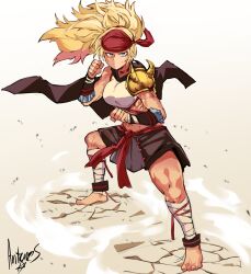 Rule 34 | 1girl, absurdres, anklet, antares topaz, armor, asymmetrical arms, bandaged leg, bandages, bandana, barefoot, belt, blonde hair, blue eyes, breastplate, character request, clenched hands, commentary, commission, dust, dust cloud, english commentary, evil smile, feet, fighting stance, gladiator, highres, jewelry, midriff, muscular, muscular female, original, pauldrons, red bandana, red belt, shoulder armor, signature, single pauldron, smile, solo, spiked armor, tan, thick thighs, thighs, toenails, toes, vambraces, wind