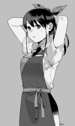 Rule 34 | 1girl, adjusting hair, apron, arms up, banned artist, breasts, c2 kikan, commentary, greyscale, hair ribbon, long hair, looking at viewer, makio (makiomeigenbot), medium breasts, monochrome, parted lips, ponytail, re-ka-chan, ribbon, shirt, short sleeves, signature, simple background, solo, symbol-only commentary