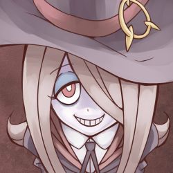Rule 34 | 10s, 1girl, brown hair, eyeshadow, face, grin, guroneko, hair over one eye, hat, little witch academia, makeup, red eyes, sitting, skull, smile, solo, sucy manbavaran, teeth, witch, witch hat