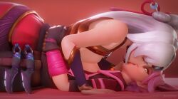 Rule 34 | 2girls, 3d, animal ears, breast press, cat ears, drooling, eye contact, french kiss, from side, hand on another&#039;s waist, highres, jineisho, kiss, lian (paladins), looking at another, maeve (paladins), multiple girls, official alternate costume, paladins, pink hair, saliva, simple background, white hair, yuri