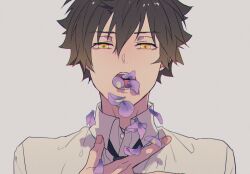 Rule 34 | 1boy, brown hair, collared shirt, commentary request, coughing flowers, facing viewer, grey hair, hair between eyes, kome kako, looking at viewer, male focus, narrowed eyes, necktie, open mouth, petals in mouth, portrait, psycho-pass, shindou arata, shirt, short hair, solo, white shirt, yellow eyes