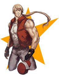 Rule 34 | 1boy, artist request, baseball cap, blonde hair, blouse, closed eyes, denim, fatal fury, fingerless gloves, gloves, hat, highres, jacket, jeans, long hair, looking at viewer, male focus, muscular, nintendo, pants, ponytail, red hat, shirt, shirt tucked in, smile, solo, super smash bros., terry bogard, the king of fighters, unworn hat, unworn headwear, vest, white background, white shirt