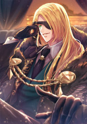 Rule 34 | 1boy, adjusting eyepatch, black gloves, black necktie, blonde hair, blurry, camus (yumekuro), collared shirt, couch, depth of field, eyepatch, gloves, green eyes, highres, light particles, long hair, looking at viewer, male focus, military, military uniform, necktie, outstretched arm, shirt, sitting, smile, solo, sparkle, straight hair, uniform, user xmej7725, yume shokuin to wasureji no kuroi yousei