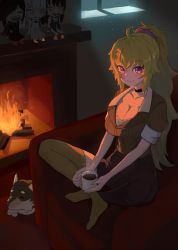 Rule 34 | 1girl, absurdres, ahoge, asymmetrical legwear, black choker, blake belladonna, blonde hair, blush, breasts, brown pants, brown shirt, chair, character doll, choker, cleavage, closed mouth, coffee, coffee mug, crossed ankles, cup, dog, fire, fireplace, full body, highres, holding, holding cup, large breasts, long hair, looking at viewer, lounge chair, mug, night, no shoes, pants, ponytail, purple eyes, ruby rose, rwby, rwby ice queendom, ryoha kosako, shirt, shirt tucked in, short sleeves, single leg pantyhose, sitting, smile, steam, stuffed toy, uneven legwear, wavy hair, weiss schnee, welsh corgi, window, yang xiao long, yellow pants, zwei (rwby)