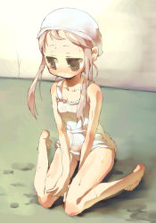 Rule 34 | bad id, bad pixiv id, barefoot, blush, flat chest, long hair, one-piece swimsuit, pink hair, poth, school swimsuit, sitting, solo, swimsuit, thighs, wariza, wet, white school swimsuit, white one-piece swimsuit, yellow eyes