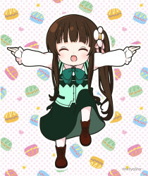 Rule 34 | 1girl, :d, ^ ^, alternate costume, boots, bow, brown footwear, brown hair, chibi, closed eyes, collared shirt, commentary request, cross-laced footwear, facing viewer, flower, frilled sleeves, frills, full body, gochuumon wa usagi desu ka?, green bow, green skirt, green vest, hair bow, hair flower, hair ornament, highres, lace-up boots, long hair, long sleeves, mitya, open mouth, outline, pantyhose, parody request, pink bow, polka dot, polka dot background, puffy long sleeves, puffy sleeves, rabbit house uniform, shirt, side ponytail, simple background, skirt, sleeves past wrists, smile, solo, standing, standing on one leg, twitter username, ujimatsu chiya, very long hair, vest, white background, white flower, white outline, white pantyhose, white shirt