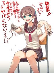 Rule 34 | 1girl, :d, ahoge, android, android girl (itou), blouse, blue scrunchie, broken arm, brown hair, cable, chair, convenient leg, detached arm, feet out of frame, fingernails, gradient background, green eyes, grey background, grey sailor collar, grey skirt, hair ornament, hair scrunchie, head tilt, highres, holding own arm, itou (onsoku tassha), joints, looking at viewer, mechanical parts, necktie, open mouth, original, pleated skirt, red necktie, robot joints, round teeth, sailor collar, school chair, school uniform, scrunchie, serafuku, shirt, short sleeves, sitting, skirt, smile, solo, teeth, twintails, upper teeth only, white background, white shirt