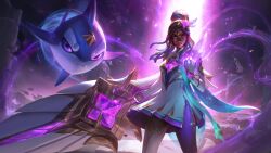 Rule 34 | 1girl, absurdres, animal, braid, brown hair, dress, glowing, hand up, highres, holding, holding weapon, league of legends, long hair, looking at viewer, multicolored background, multicolored hair, official art, pantyhose, pink eyes, pink hair, pink pantyhose, senna (league of legends), shark, single leg pantyhose, single thighhigh, solo, star (symbol), star guardian senna, thighhighs, weapon, white dress, white thighhighs