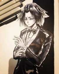 Rule 34 | 1boy, alternate costume, art tools in frame, bow, bowtie, closed mouth, collared shirt, commentary, commission, english commentary, feitan portor, formal, frown, greyscale, highres, hunter x hunter, jacket, looking at viewer, male focus, marker, marker (medium), monochrome, parted bangs, photo (medium), shadow, shirt, short hair, solo, traditional media, tuxedo, upper body, zzyzzyy