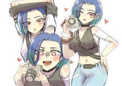 Rule 34 | 1girl, bare shoulders, black choker, black shirt, blue hair, blush, bob cut, breasts, brown eyes, camera, choker, clothes lift, collarbone, creatures (company), crop top, denim, game freak, gradient hair, grey shirt, hand on own hip, heart, heart-shaped pupils, highres, hoimi3796, holding, holding camera, jeans, large breasts, loose hair strand, midriff, multicolored hair, multiple views, nintendo, pants, perrin (pokemon), pokemon, pokemon sv, ribbed shirt, shirt, shirt lift, sleeveless, sleeveless shirt, solo, symbol-shaped pupils, undershirt, v-neck, watch, wristwatch