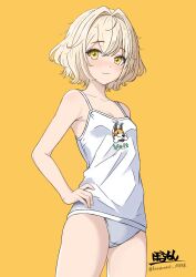 Rule 34 | 1girl, blonde hair, blush, breasts, cameltoe, cleavage, closed mouth, goddess of victory: nikke, highres, hormone nikke, liter (nikke), looking at viewer, panties, shirt, short hair, simple background, small breasts, smile, solo, twitter username, underwear, white panties, white shirt, yellow background, yellow eyes