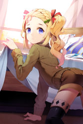 Rule 34 | 1girl, all fours, arm support, bandaid, bandaid on face, bandaid on forehead, bed, black thighhighs, blonde hair, braid, frett (sword girls), gilse, hair ornament, hair ribbon, hairclip, long hair, looking back, on floor, pillow, purple eyes, ribbed sweater, ribbon, shorts, solo, sweater, sword girls, thighhighs, twintails, window, zettai ryouiki