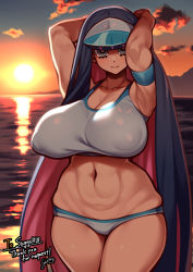 Rule 34 | 1girl, absurdres, armlet, armpits, arms up, bikini, blue bikini, blue eyes, blue hair, breasts, closed mouth, cloud, collarbone, covered erect nipples, cowboy shot, curvy, dusk, highres, huge breasts, long hair, looking at viewer, multicolored hair, navel, nikuatsu magician shinbo, ocean, outdoors, panty &amp; stocking with garterbelt, pink hair, solo, standing, stocking (psg), sun, swimsuit, twilight, two-tone hair, visor cap, wide hips