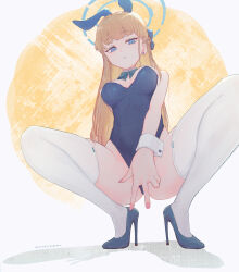 Rule 34 | 1girl, absurdres, animal ears, blonde hair, blue archive, blue eyes, blue footwear, blue halo, blue leotard, breasts, chyappi, closed mouth, detached collar, fake animal ears, full body, halo, high heels, highres, leotard, long hair, medium breasts, official alternate costume, rabbit ears, solo, squatting, strapless, strapless leotard, thighhighs, toki (blue archive), toki (bunny) (blue archive), twitter username, white thighhighs, wrist cuffs