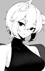 Rule 34 | 1641 (chfhrtor94), 1girl, animal ear fluff, animal ears, bare shoulders, breasts, greyscale, hair between eyes, highres, inubashiri momiji, large breasts, looking at viewer, monochrome, parted lips, short hair, simple background, solo, touhou, upper body, wolf ears, wolf girl