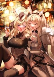 Rule 34 | 2girls, :d, :o, alcohol, animal ears, arknights, armor, bar (place), black gloves, black headwear, black legwear, black ribbon, black shorts, blemishine (arknights), blue eyes, blush, bottle, breastplate, cape, closed eyes, commentary request, cup, drinking glass, drunk, fang, fur trim, garrison cap, gauntlets, gloves, hair ribbon, hat, highres, holding, holding cup, horse ears, horse girl, ichibi, indoors, knee up, long hair, multiple girls, open mouth, outstretched arm, ponytail, ribbon, short eyebrows, short shorts, shorts, sitting, smile, thighhighs, whislash (arknights), white cape