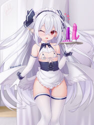 Rule 34 | 1girl, anal beads, angel wings, apron, bikini, blush, breasts, collar, dildo, earrings, flat chest, gabriel evangel, gloves, hair between eyes, hair ribbon, heart, highres, jewelry, long hair, looking at viewer, maid, maid apron, maid headdress, nipple piercing, nipple rings, one eye closed, open mouth, original, piercing, plate, pointy ears, red eyes, ribbon, sex toy, sidelocks, skindentation, small breasts, smile, solo, string bikini, swimsuit, thighhighs, thighs, two side up, vibrator, white bikini, white gloves, white hair, white thighhighs, wings