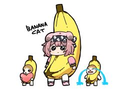 Rule 34 | 1girl, animal ears, arknights, banana costume, black hairband, cat, cat ears, cat girl, chibi, crying, dog-san, english text, fangs, floppy ears, full body, goldenglow (arknights), hairband, heart, highres, lightning bolt print, long sleeves, meme, open mouth, pink hair, print hairband, simple background, streaming tears, tears, white background