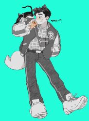 Rule 34 | 1boy, animal, animal ears, animal on shoulder, aqua background, baduki (tenji), cat, cross scar, dog boy, dog ears, dog tail, drinking, facial scar, fanny pack, full body, greyscale, greyscale with colored background, hand in pocket, highres, jacket, letterman jacket, looking to the side, male focus, monochrome, original, scar, scar on cheek, scar on face, shoes, short hair, simple background, sneakers, solo, spot color, tail, tenji (tenji 89)