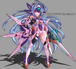 Rule 34 | 00s, blue hair, boots, elbow gloves, garter straps, gloves, kos-mos, long hair, mk-5, pointing, pointing at viewer, red eyes, solo, thighhighs, very long hair, weapon, wings, xenosaga