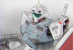 Rule 34 | aron e, assault visor, commentary request, earth federation, gm cold districts type, grey background, gun, gundam, gundam 0080, highres, holding, holding gun, holding weapon, mecha, mecha focus, mobile suit, no humans, radio antenna, robot, roundel, science fiction, shield, simple background, solo, upper body, weapon
