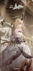 Rule 34 | 1girl, absurdres, ambience synesthesia, arknights, backless dress, backless outfit, bare shoulders, blonde hair, brown horns, chinese commentary, commentary request, copyright name, copyright notice, dress, earrings, feet out of frame, flower, frilled dress, frilled sleeves, frills, grey eyes, hair flower, hair ornament, highres, horns, indoors, jewelry, layered dress, layered sleeves, liyu li, long hair, long sleeves, looking at viewer, official art, parted lips, profile, puffy sleeves, reed (arknights), ribbon, short over long sleeves, short sleeves, skirt hold, solo, standing, white dress, white flower, yellow ribbon