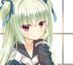 Rule 34 | 1girl, blue bow, blurry, blurry background, blush, bow, cariboy, closed mouth, collarbone, commentary request, depth of field, green hair, hair bow, jacket, long hair, long sleeves, looking at viewer, murasame (senren), red eyes, senren banka, solo, striped, striped bow, two side up, upper body, white jacket, window