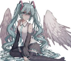Rule 34 | angel wings, aqua eyes, aqua hair, aqua necktie, bare shoulders, black thighhighs, commentary, deep (deep4946), detached sleeves, expressionless, feathered wings, full body, hair ornament, hatsune miku, highres, long hair, looking down, necktie, shirt, shoulder tattoo, sitting, sleeveless, sleeveless shirt, solo, tattoo, thighhighs, twintails, very long hair, vocaloid, white shirt, wings, zettai ryouiki