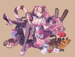 Rule 34 | 1girl, ass, blush, breasts, brown eyes, cake, candy, candy cane, cleavage, cookie, demon, demon girl, dress, food, fork, frills, fruit, gin (gin937), holding, jewelry, long hair, looking at viewer, medium breasts, one eye closed, open mouth, original, pink hair, plate, ring, simple background, sitting, smile, solo, strawberry, thighhighs, thighs, twintails, very long hair