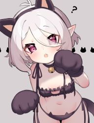 Rule 34 | 1girl, animal ears, animal hands, antenna hair, bell, black panties, breasts, cat ears, cat lingerie, choker, cleavage cutout, clothing cutout, fake animal ears, fang, gloves, grey background, kokkoro (princess connect!), meme attire, navel, neck bell, nukomota, open mouth, panties, paw gloves, paw pose, pointy ears, princess connect!, red eyes, ribbon, short hair, small breasts, solo, underwear, white hair