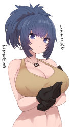 Rule 34 | 1girl, bare shoulders, black gloves, blue eyes, blue hair, breasts, dog tags, earrings, gloves, jewelry, large breasts, leona heidern, navel, ponytail, simple background, solo, sumiyao (amam), tank top, the king of fighters, the king of fighters xv, triangle earrings, white background, yellow tank top