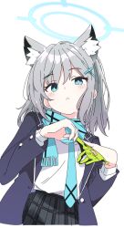 Rule 34 | 1girl, animal ear fluff, animal ears, blue archive, blue eyes, blue halo, blue necktie, blue scarf, bright pupils, closed mouth, commentary, cross hair ornament, gloves, green gloves, grey hair, hair ornament, halo, ixy, looking at viewer, mismatched pupils, necktie, scarf, shiroko (blue archive), shirt, short hair, simple background, single glove, solo, white background, white pupils