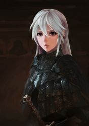 Rule 34 | 1girl, absurdres, armor, bloodborne, brown eyes, cainhurst armor, from software, highres, inferno (artist), long hair, solo, sword, weapon, white hair