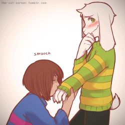 Rule 34 | ..., 1boy, @ @, androgynous, animated, animated gif, asriel dreemurr, beige background, blush, brown hair, closed eyes, cowboy shot, embarrassed, english text, fangs, frisk (undertale), from side, full-face blush, furry, furry male, furry with non-furry, green eyes, grin, horns, interspecies, kiss, kissing hand, long sleeves, looking up, monster boy, ootani-kun, open mouth, simple background, smile, sparkle, spoilers, spoken ellipsis, striped clothes, striped sleeves, striped sweater, sweatdrop, sweater, tail, teeth, undertale, watermark, web address